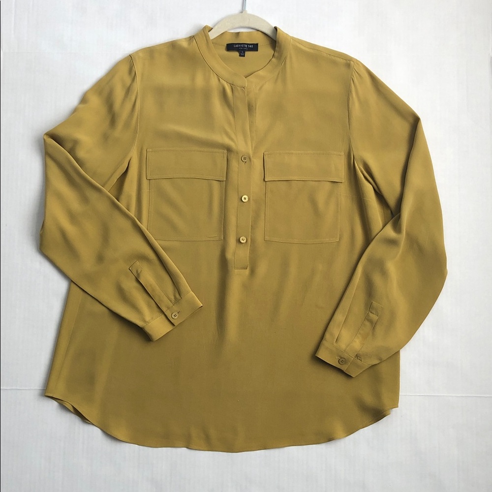 Lafayette 148 New York Mustard Split-V Blouse with Patch Pockets
